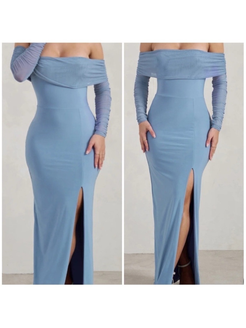 Club L London On Your Mind Powder Blue Mesh Long Sleeve Maxi Dress